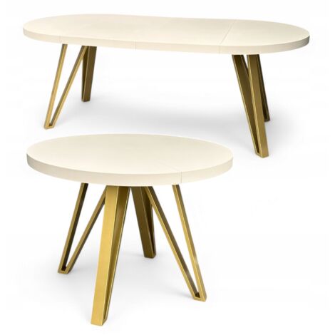 Runder ausziehbarer Esstisch Ø100 bis 200 cm Kaschmir Beige mit Metallgestell in Gold