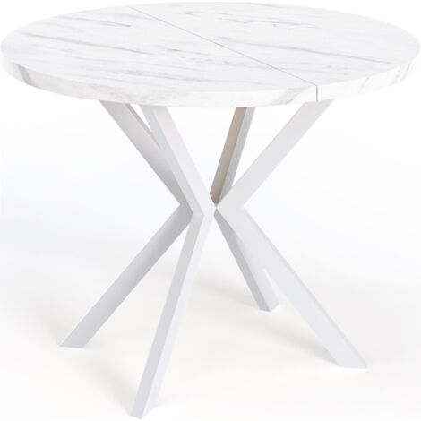 Runder Ausziehbarer Esstisch für 6-10 Personen - Loft Style Tisch mit Weißen Metallbeinen - 90 bis 120 cm - Industrieller Tisch für Wohnzimmer - Marmor Weiß - 10...