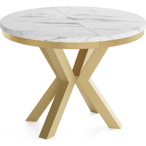 Runder Ausziehbarer Esstisch im Loft-Stil - Industrieller Tisch mit Goldenen Metallbeinen - Platzsparender Tisch für Wohnzimmer - Marmor Weiß - 120 bis 200 cm