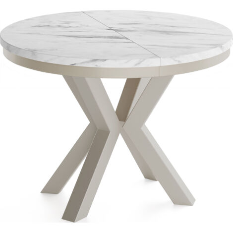 Runder Ausziehbarer Esstisch im Loft-Stil - Industrieller Tisch mit Grau-Beige Metallbeinen - Platzsparender Tisch für Wohnzimmer - Marmor Weiß 100 bis 180 cm