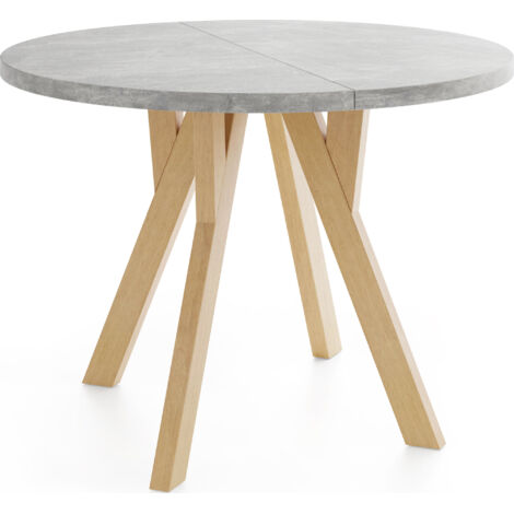 Runder Ausziehbarer Esstisch im Loft-Stil – Industrieller Tisch mit Holzbeinen – Platzsparender Tisch für Wohnzimmer – Beton Grau – 100 bis 140 cm