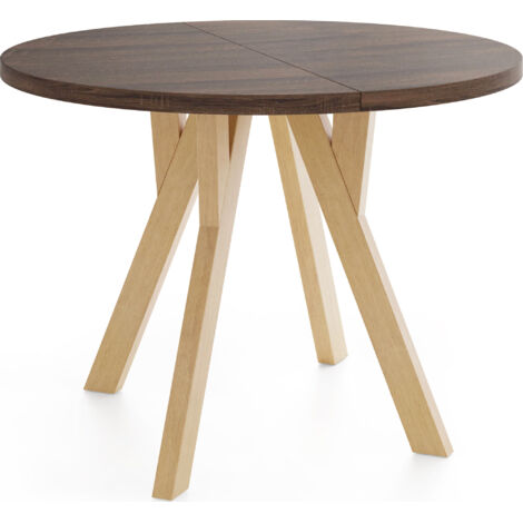 Runder Ausziehbarer Esstisch im Loft-Stil – Industrieller Tisch mit Holzbeinen – Platzsparender Tisch für Wohnzimmer – Eiche Sonoma Dunkelbraun – 100 bis 140 cm