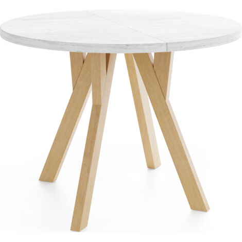 Runder Ausziehbarer Esstisch im Loft-Stil – Industrieller Tisch mit Holzbeinen – Platzsparender Tisch für Wohnzimmer – Kiefer Weiß – 90 bis 190 cm