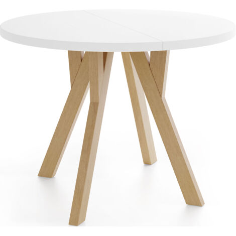 Runder Ausziehbarer Esstisch im Loft-Stil – Industrieller Tisch mit Holzbeinen – Platzsparender Tisch für Wohnzimmer – Weiß – 100 bis 200 cm