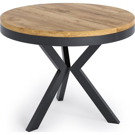 Runder Ausziehbarer Esstisch im Loft-Stil - Industrieller Tisch mit Schwarzen Metallbeinen - Platzsparender Tisch für Wohnzimmer - Craft Eiche - 100 bis 140 cm