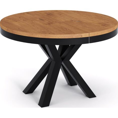 Runder Ausziehbarer Esstisch im Loft-Stil - Industrieller Tisch mit Schwarzen Metallbeinen - Platzsparender Tisch für Wohnzimmer - Lancelot Eiche - 100 bis 180 cm