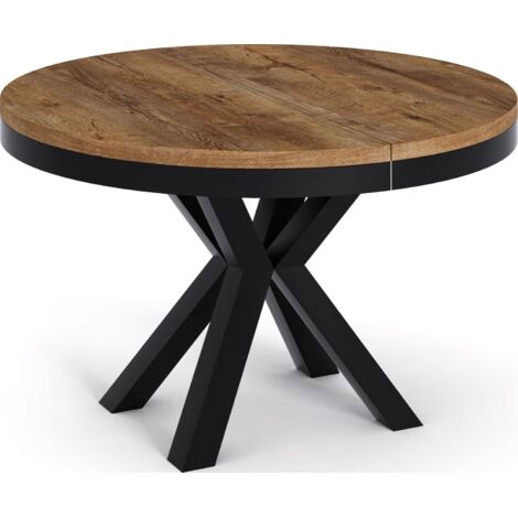 Runder Ausziehbarer Esstisch im Loft-Stil - Industrieller Tisch mit Schwarzen Metallbeinen - Platzsparender Tisch für Wohnzimmer - Lefkas Eiche - 120 bis 200 cm