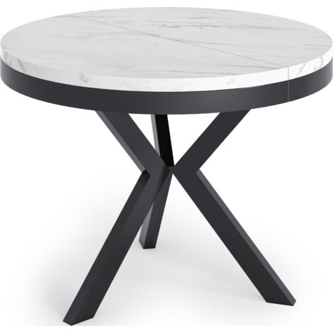 Runder Ausziehbarer Esstisch im Loft-Stil - Industrieller Tisch mit Schwarzen Metallbeinen - Platzsparender Tisch für Wohnzimmer - Marmor Weiß - 100 bis 140 cm