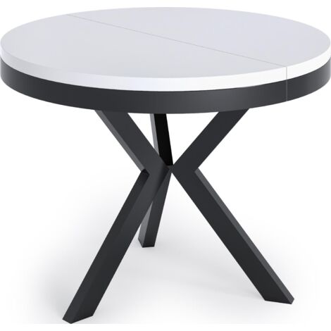 Runder Ausziehbarer Esstisch im Loft-Stil - Industrieller Tisch mit schwarzen Metallbeinen - Platzsparender Tisch für Wohnzimmer - Weiß - 100 bis 140 cm