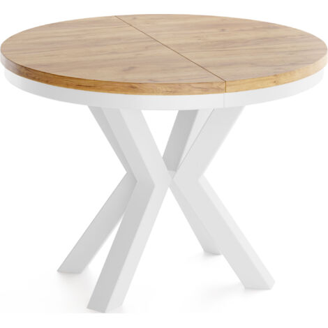 Runder Ausziehbarer Esstisch im Loft-Stil - Industrieller Tisch mit Weißen Metallbeinen - Platzsparender Tisch für Wohnzimmer - Craft Eiche - 120 bis 200 cm