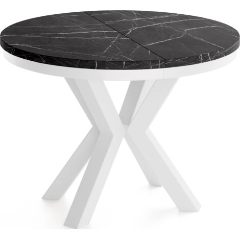 Runder Ausziehbarer Esstisch im Loft-Stil - Industrieller Tisch mit Weißen Metallbeinen - Platzsparender Tisch für Wohnzimmer - Marmor Schwarz - 100 bis 180 cm