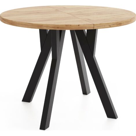 Runder Ausziehbarer Esstisch im Loft-Stil – Platzsparender Tisch für Esszimmer mit Schwarzen Holzbeinen – Eiche Craft Braun – 100 bis 140 cm