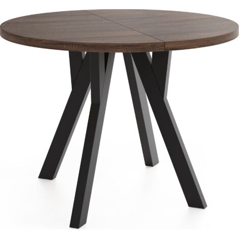 Runder Ausziehbarer Esstisch im Loft-Stil – Platzsparender Tisch für Esszimmer mit Schwarzen Holzbeinen – Eiche Sonoma Dunkelbraun – 100 bis 140 cm