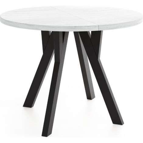 Runder Ausziehbarer Esstisch im Loft-Stil – Platzsparender Tisch für Esszimmer mit Schwarzen Holzbeinen – Kiefer Weiß – 100 bis 140 cm