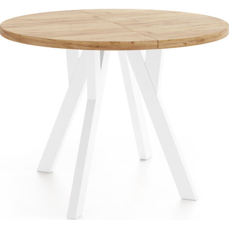 Runder Ausziehbarer Esstisch im Loft-Stil – Platzsparender Tisch für Esszimmer – mit Weißen Holzbeinen – Eiche Craft Braun – 100 bis 140 cm