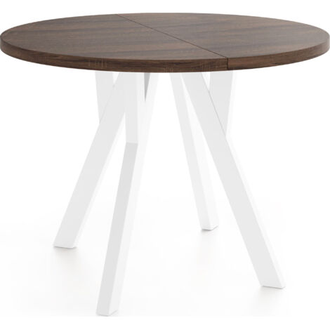 Runder Ausziehbarer Esstisch im Loft-Stil – Platzsparender Tisch für Esszimmer – mit Weißen Holzbeinen – Eiche Sonoma Dunkelbraun – 100 bis 140 cm