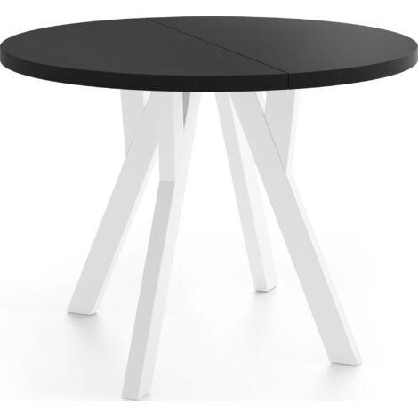 Runder Ausziehbarer Esstisch im Loft-Stil – Platzsparender Tisch für Esszimmer – mit Weißen Holzbeinen – Schwarz – 80 bis 160 cm