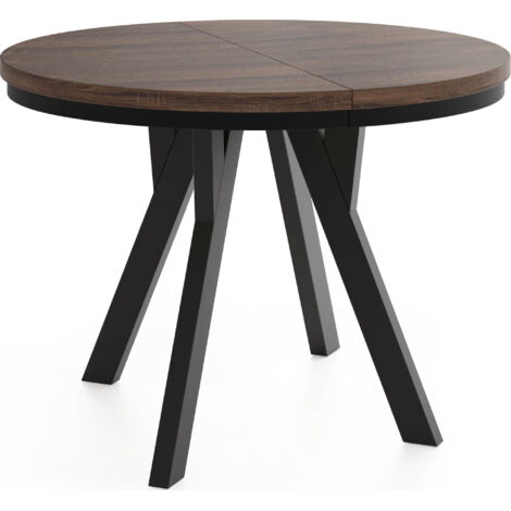 Runder Ausziehbarer Esstisch im Loft-Stil – Platzsparender Tisch für Wohnzimmer – mit Schwarzen Holzbeinen – Eiche Sonoma Dunkelbraun – 100 bis 140 cm