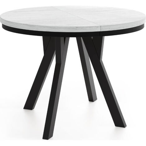 Runder Ausziehbarer Esstisch im Loft-Stil – Platzsparender Tisch für Wohnzimmer – mit Schwarzen Holzbeinen – Kiefer Weiß – 80 bis 160 cm