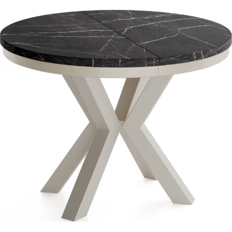 Runder Ausziehbarer Esstisch im Loft-Stil - Tisch mit Grau-Beige Metallbeinen - Platzsparender Tisch für Wohnzimmer - Marmor Schwarz 100 bis 180 cm