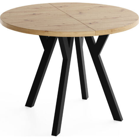Runder Ausziehbarer Esstisch im Loft-Stil – Verlängerbarer Platzsparender Tisch mit Schwarzen Holzbeinen – Eiche Artisan Hellbraun  – 80 bis 130 cm