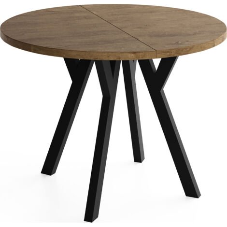 Runder Ausziehbarer Esstisch im Loft-Stil – Verlängerbarer Platzsparender Tisch mit Schwarzen Holzbeinen – Eiche Braun Rustikal – 80 bis 130 cm