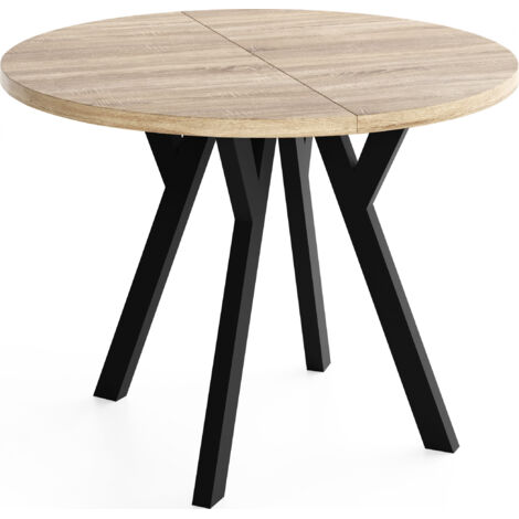 Runder Ausziehbarer Esstisch im Loft-Stil – Verlängerbarer Platzsparender Tisch mit Schwarzen Holzbeinen – Eiche Sonoma Hellbraun – 80 bis 130 cm