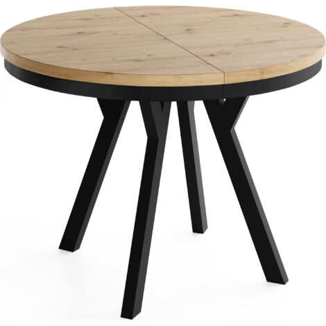 Runder Ausziehbarer Esstisch im Loft-Stil – Verlängerbarer Platzsparender Tisch mit Schwarzen Holzbeinen & Metallring – Eiche Artisan Hellbraun  – 80 bis 130 cm
