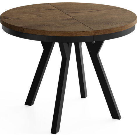 Runder Ausziehbarer Esstisch im Loft-Stil – Verlängerbarer Platzsparender Tisch mit Schwarzen Holzbeinen & Metallring – Eiche Braun Rustikal – 90 bis 190 cm