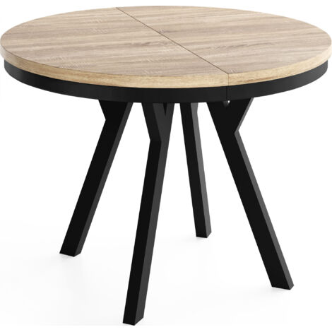 Runder Ausziehbarer Esstisch im Loft-Stil – Verlängerbarer Platzsparender Tisch mit Schwarzen Holzbeinen & Metallring – Eiche Sonoma Hellbraun – 80 bis 130 cm
