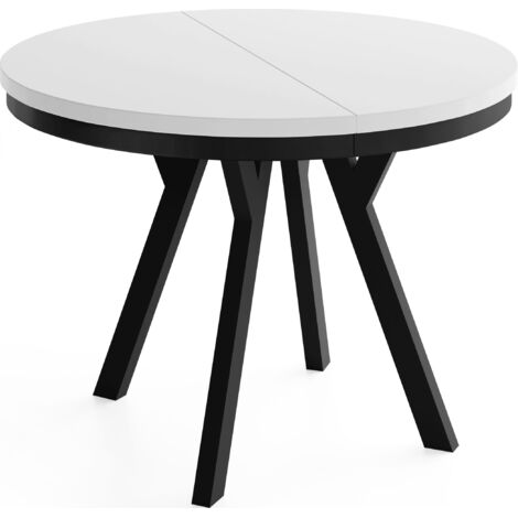 Runder Ausziehbarer Esstisch im Loft-Stil – Verlängerbarer Platzsparender Tisch mit Schwarzen Holzbeinen & Metallring – Weiß – 80 bis 130 cm