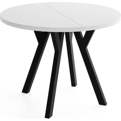 Runder Ausziehbarer Esstisch im Loft-Stil – Verlängerbarer Platzsparender Tisch mit Schwarzen Holzbeinen – Weiß – 90 bis 190 cm