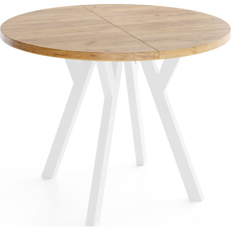 Runder Ausziehbarer Esstisch im Loft-Stil – Verlängerbarer Platzsparender Tisch mit Weißen Holzbeinen – Eiche Braun – 90 bis 190 cm