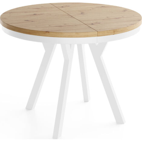 Runder Ausziehbarer Esstisch im Loft-Stil – Verlängerbarer Platzsparender Tisch mit Weißen Holzbeinen & Metallring – Eiche Artisan Hellbraun  – 80 bis 130 cm