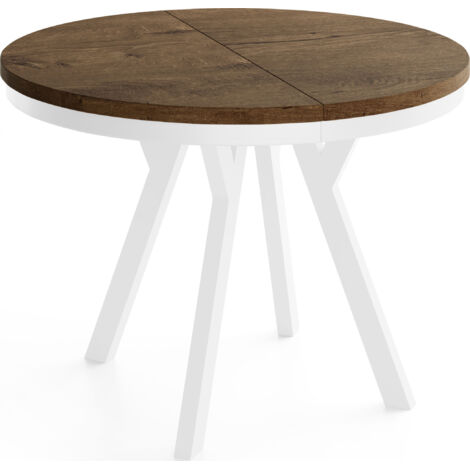 Runder Ausziehbarer Esstisch im Loft-Stil – Verlängerbarer Platzsparender Tisch mit Weißen Holzbeinen & Metallring – Eiche Braun Rustikal – 80 bis 130 cm