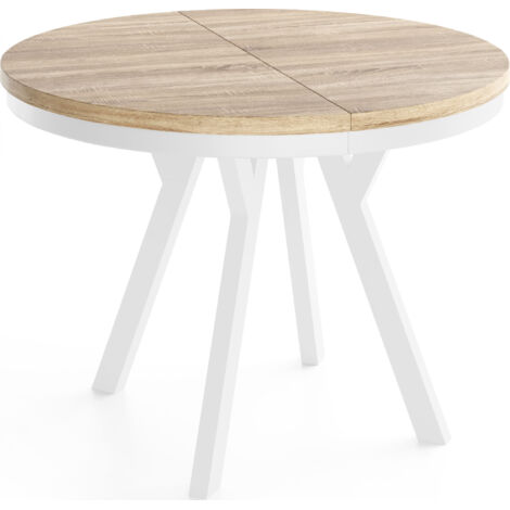 Runder Ausziehbarer Esstisch im Loft-Stil – Verlängerbarer Platzsparender Tisch mit Weißen Holzbeinen & Metallring – Eiche Sonoma Hellbraun – 80 bis 130 cm
