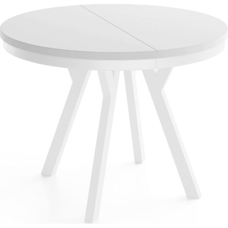 Runder Ausziehbarer Esstisch im Loft-Stil – Verlängerbarer Platzsparender Tisch mit Weißen Holzbeinen & Metallring – Weiß – 80 bis 130 cm