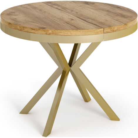 Runder Ausziehbarer Esstisch - Loft Style Tisch mit Goldenen Metallbeinen - 90 bis 170 cm - Industrieller Tisch für Wohnzimmer - Kompakt - 90 cm - Craft Eiche