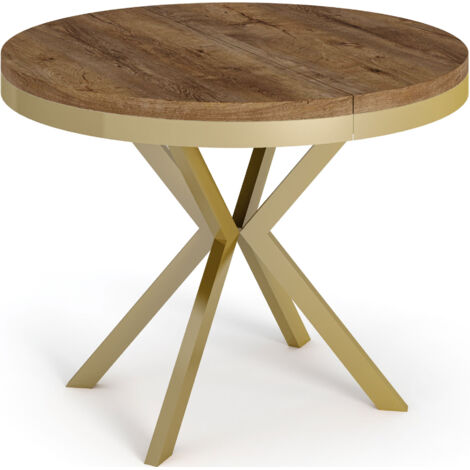 Runder Ausziehbarer Esstisch - Loft Style Tisch mit Goldenen Metallbeinen - 90 bis 170 cm - Industrieller Tisch für Wohnzimmer - Kompakt - 90 cm - Lefkas Eiche