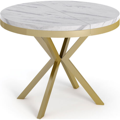 Runder Ausziehbarer Esstisch - Loft Style Tisch mit Goldenen Metallbeinen - 90 bis 170 cm - Industrieller Tisch für Wohnzimmer - Kompakt - 90 cm - Marmor Weiß