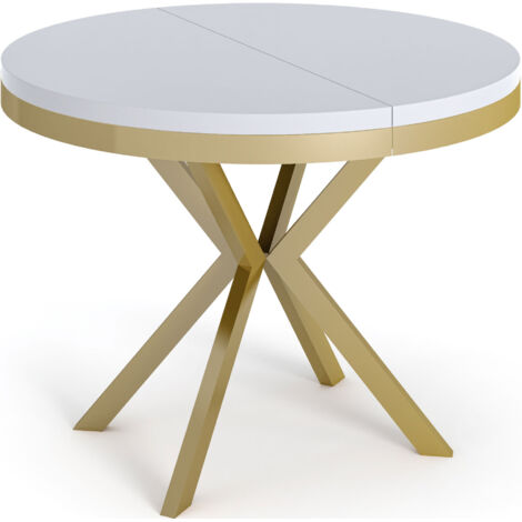 Runder Ausziehbarer Esstisch - Loft Style Tisch mit Goldenen Metallbeinen - 90 bis 170 cm - Industrieller Tisch für Wohnzimmer - Kompakt - 90 cm - Weiß