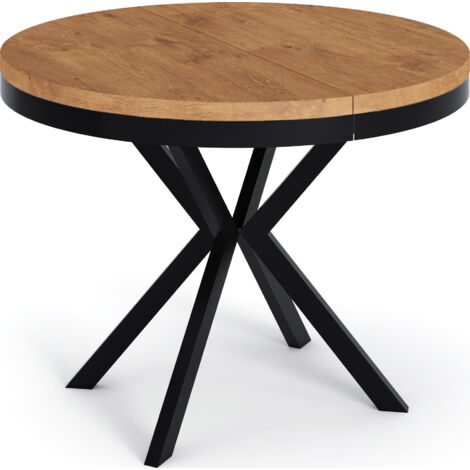 Runder Ausziehbarer Esstisch - Loft Style Tisch mit Metallbeinen - 90 bis 170 cm - Industrieller Tisch für Wohnzimmer - Kompakt - 90 cm - Lancelot Eiche
