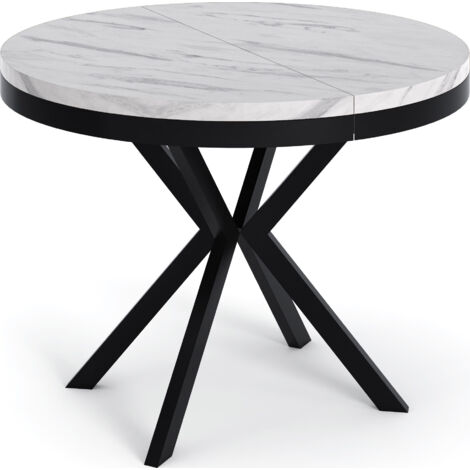 Runder Ausziehbarer Esstisch - Loft Style Tisch mit Metallbeinen - 90 bis 170 cm - Industrieller Tisch für Wohnzimmer - Kompakt - 90 cm - Marmor Weiß