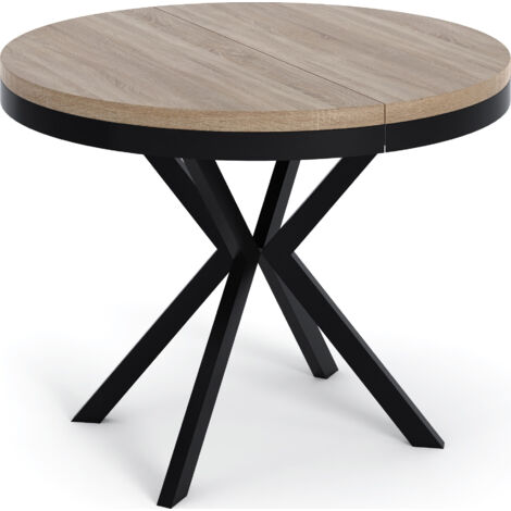Runder Ausziehbarer Esstisch - Loft Style Tisch mit Metallbeinen - 90 bis 170 cm - Industrieller Tisch für Wohnzimmer - Kompakt - 90 cm - Sonoma Eiche