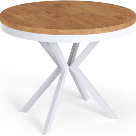 Runder Ausziehbarer Esstisch - Loft Style Tisch mit Weißen Metallbeinen - 100 bis 180 cm - Industrieller Tisch für Wohnzimmer - Kompakt - 100 cm - Lancelot Eiche