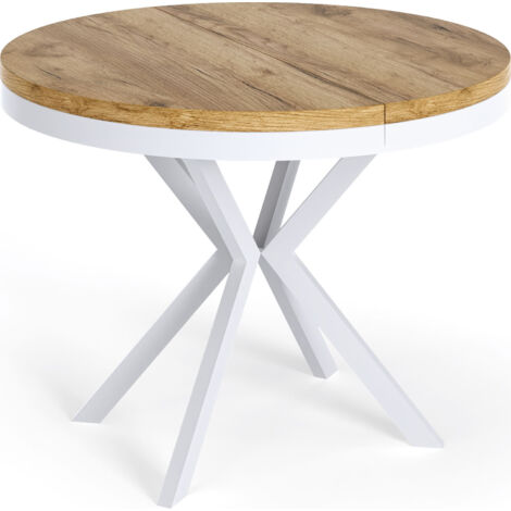 Runder Ausziehbarer Esstisch - Loft Style Tisch mit Weißen Metallbeinen - 90 bis 170 cm - Industrieller Tisch für Wohnzimmer - Kompakt - 90 cm - Craft Eiche