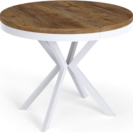 Runder Ausziehbarer Esstisch - Loft Style Tisch mit Weißen Metallbeinen - 90 bis 170 cm - Industrieller Tisch für Wohnzimmer - Kompakt - 90 cm - Lefkas Eiche