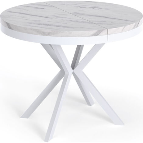 Runder Ausziehbarer Esstisch - Loft Style Tisch mit Weißen Metallbeinen - 90 bis 170 cm - Industrieller Tisch für Wohnzimmer - Kompakt - 90 cm - Marmor Weiß