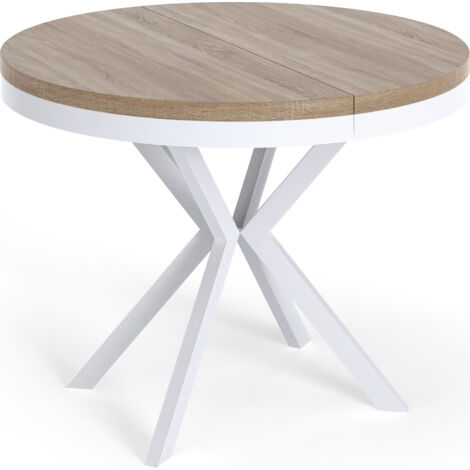 Runder Ausziehbarer Esstisch - Loft Style Tisch mit Weißen Metallbeinen - 90 bis 170 cm - Industrieller Tisch für Wohnzimmer - Kompakt - 90 cm - Sonoma Eiche