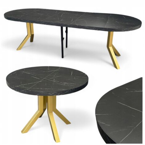 Runder ausziehbarer Tisch Ø110 bis 310 cm aus Metall in Gold mit schwarzer Marmoroberfläche, Modell Royal Black